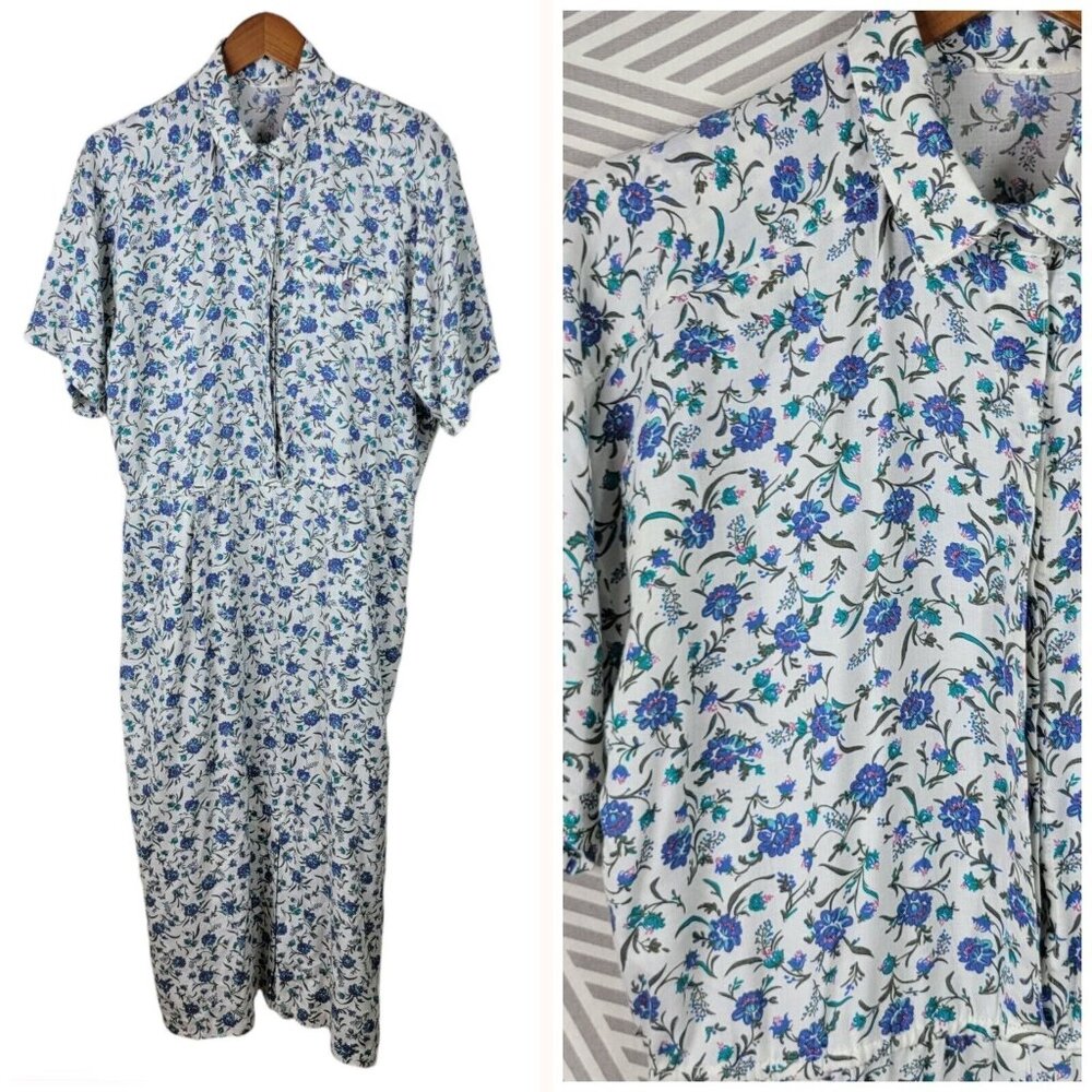 Vintage 80s Shirt Dress size Medium Large Floral Midi Grunge White Blue Country